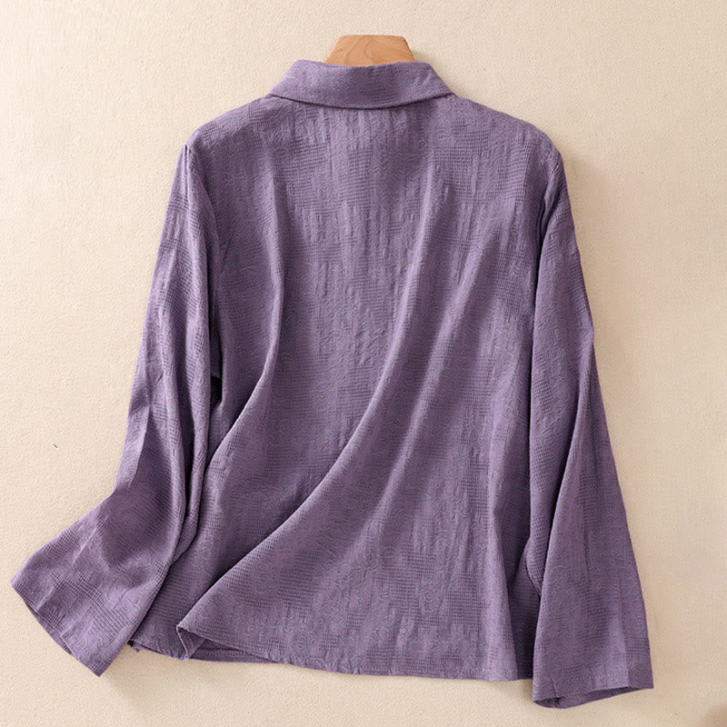 Camicia da donna in cotone a maniche lunghe con ricamo autunnale Buddha Stones, design asimmetrico, bottoni a rana - image 32