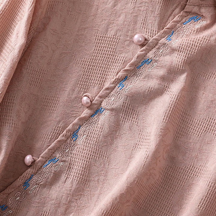 Camicia da donna in cotone a maniche lunghe con ricamo autunnale Buddha Stones, design asimmetrico, bottoni a rana - image 18