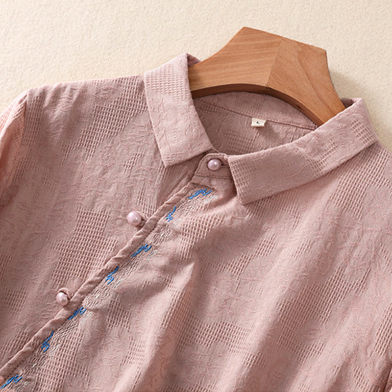 Camicia da donna in cotone a maniche lunghe con ricamo autunnale Buddha Stones, design asimmetrico, bottoni a rana - image 16