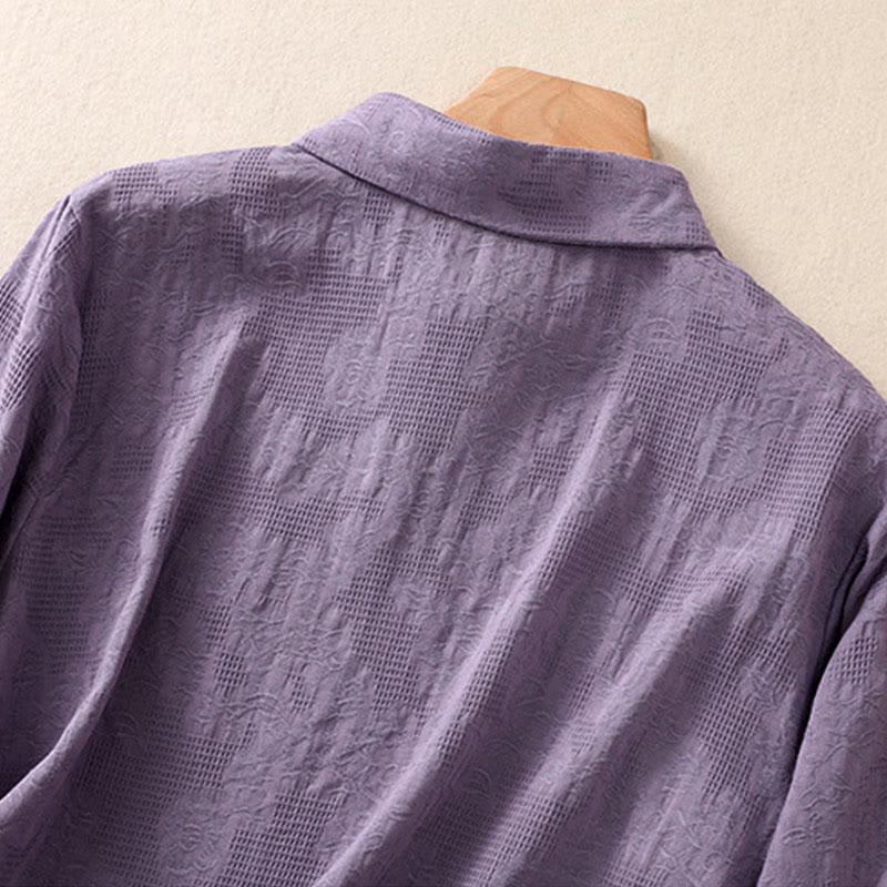 Camicia da donna in cotone a maniche lunghe con ricamo autunnale Buddha Stones, design asimmetrico, bottoni a rana - image 34