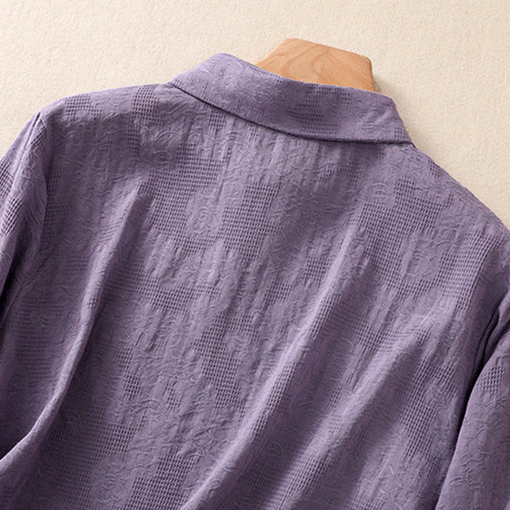 Camicia da donna in cotone a maniche lunghe con ricamo autunnale Buddha Stones, design asimmetrico, bottoni a rana - image 34