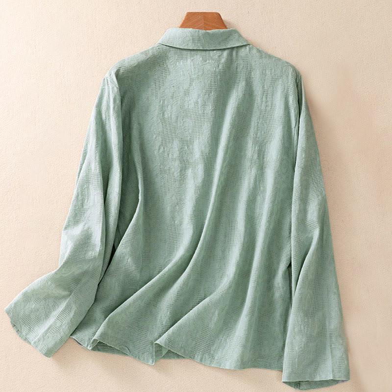 Camicia da donna in cotone a maniche lunghe con ricamo autunnale Buddha Stones, design asimmetrico, bottoni a rana - image 1