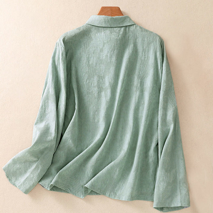 Camicia da donna in cotone a maniche lunghe con ricamo autunnale Buddha Stones, design asimmetrico, bottoni a rana - image 1