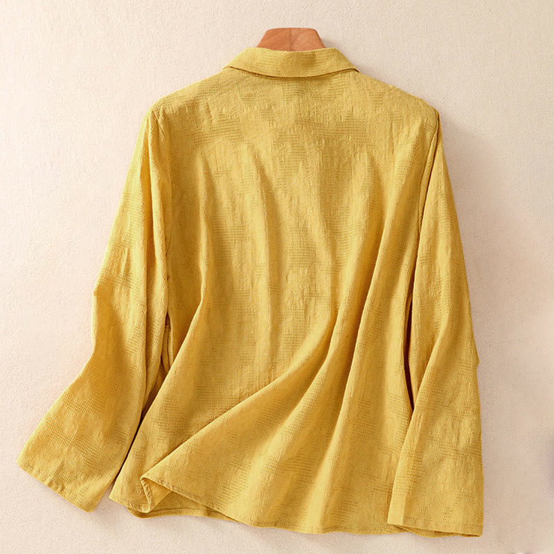 Camicia da donna in cotone a maniche lunghe con ricamo autunnale Buddha Stones, design asimmetrico, bottoni a rana - image 25