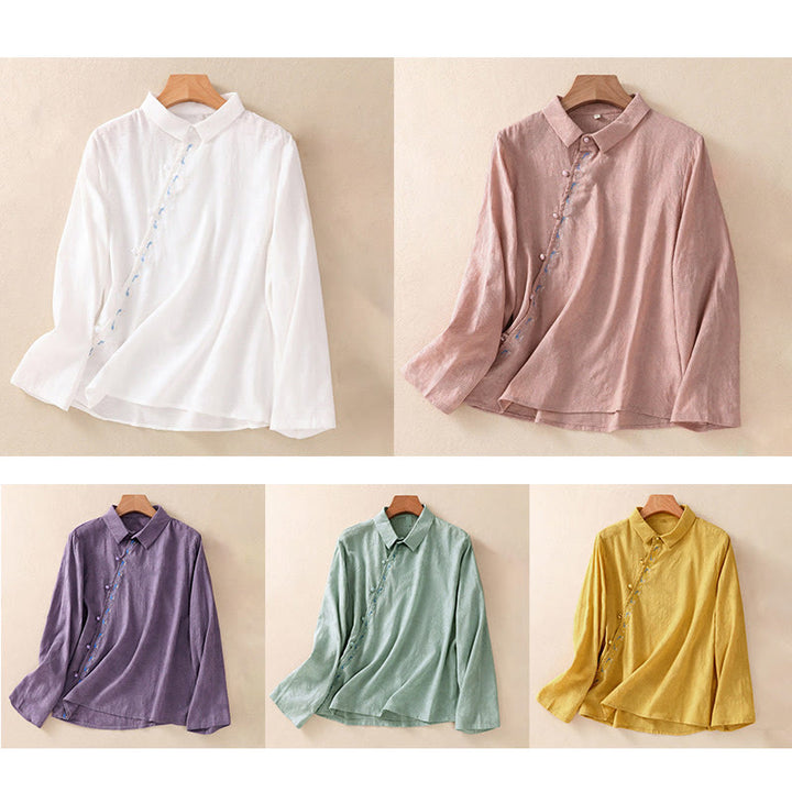 Camicia da donna in cotone a maniche lunghe con ricamo autunnale Buddha Stones, design asimmetrico, bottoni a rana - image 39