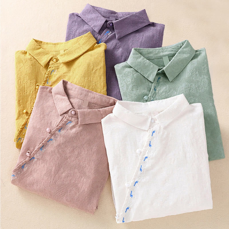 Camicia da donna in cotone a maniche lunghe con ricamo autunnale Buddha Stones, design asimmetrico, bottoni a rana - image 38