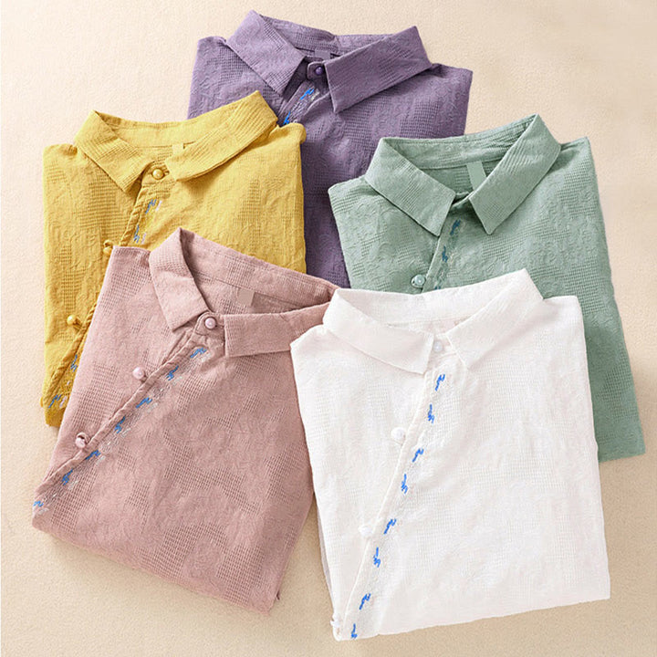 Camicia da donna in cotone a maniche lunghe con ricamo autunnale Buddha Stones, design asimmetrico, bottoni a rana - image 38