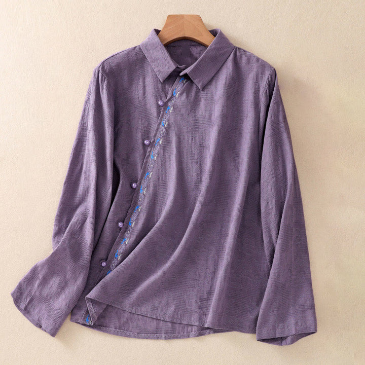 Camicia da donna in cotone a maniche lunghe con ricamo autunnale Buddha Stones, design asimmetrico, bottoni a rana - DarkOrchid - US8-10, UK/AU12-14, EU40-42 (2XL) - image 31