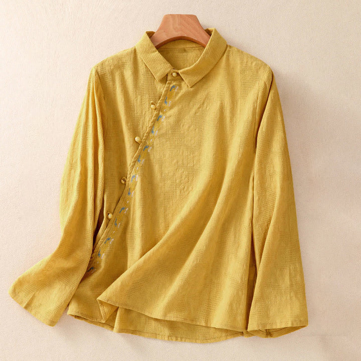 Camicia da donna in cotone a maniche lunghe con ricamo autunnale Buddha Stones, design asimmetrico, bottoni a rana - Oro - US8-10, UK/AU12-14, EU40-42 (2XL) - image 24