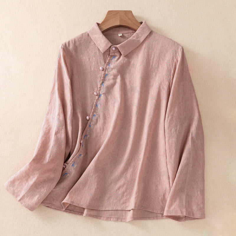 Camicia da donna in cotone a maniche lunghe con ricamo autunnale Buddha Stones, design asimmetrico, bottoni a rana - Corallo chiaro - US8-10, UK/AU12-14, EU40-42 (2XL) - image 14