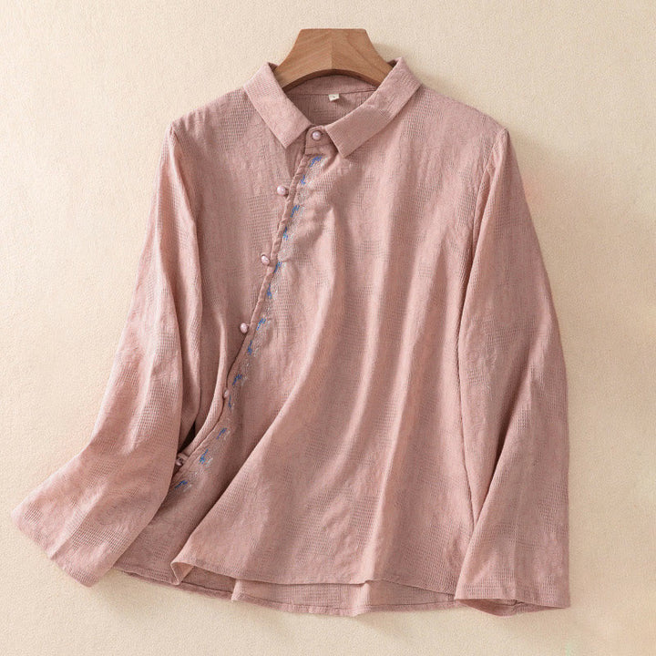 Camicia da donna in cotone a maniche lunghe con ricamo autunnale Buddha Stones, design asimmetrico, bottoni a rana - Corallo chiaro - US8-10, UK/AU12-14, EU40-42 (2XL) - image 14