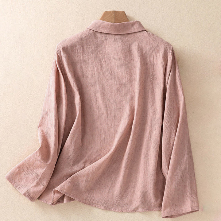 Camicia da donna in cotone a maniche lunghe con ricamo autunnale Buddha Stones, design asimmetrico, bottoni a rana - image 15