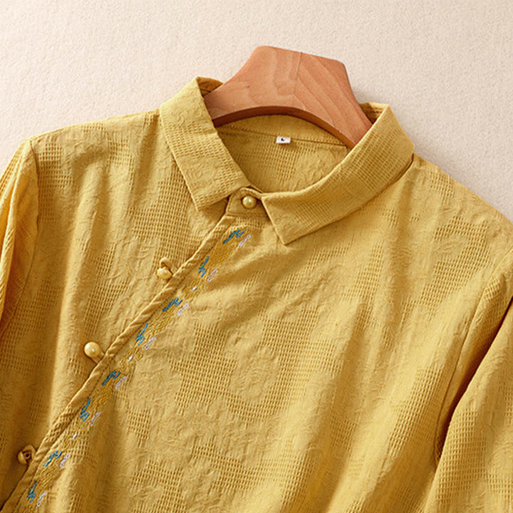 Camicia da donna in cotone a maniche lunghe con ricamo autunnale Buddha Stones, design asimmetrico, bottoni a rana - image 26