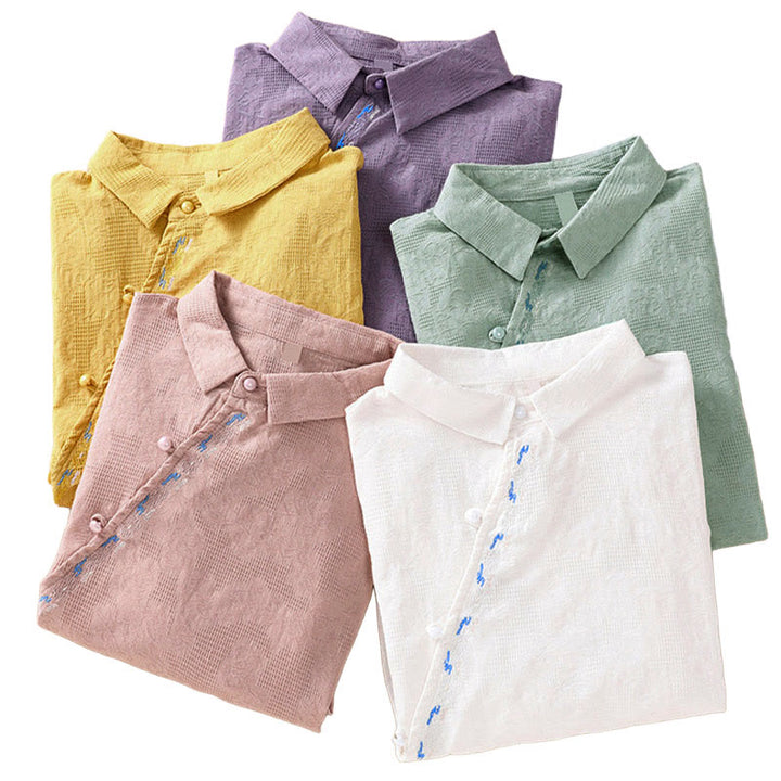 Camicia da donna in cotone a maniche lunghe con ricamo autunnale Buddha Stones, design asimmetrico, bottoni a rana - image 40