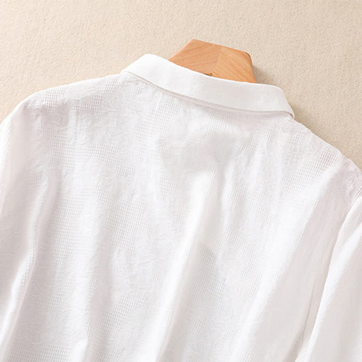 Camicia da donna in cotone a maniche lunghe con ricamo autunnale Buddha Stones, design asimmetrico, bottoni a rana - image 10