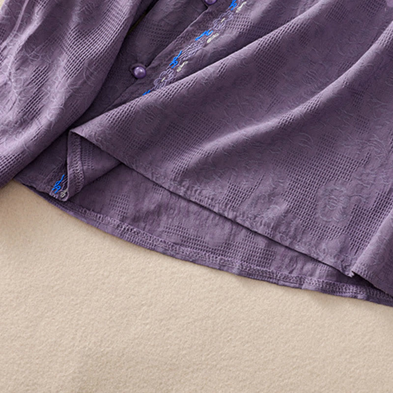 Camicia da donna in cotone a maniche lunghe con ricamo autunnale Buddha Stones, design asimmetrico, bottoni a rana - image 36