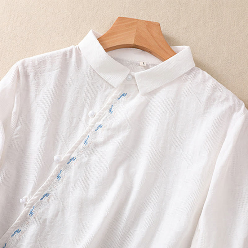 Camicia da donna in cotone a maniche lunghe con ricamo autunnale Buddha Stones, design asimmetrico, bottoni a rana - image 9