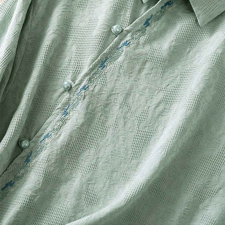 Camicia da donna in cotone a maniche lunghe con ricamo autunnale Buddha Stones, design asimmetrico, bottoni a rana - image 4