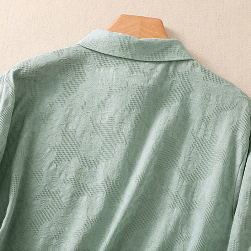 Camicia da donna in cotone a maniche lunghe con ricamo autunnale Buddha Stones, design asimmetrico, bottoni a rana - image 3