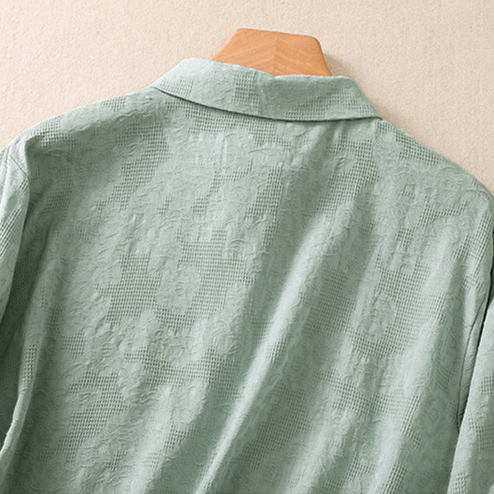 Camicia da donna in cotone a maniche lunghe con ricamo autunnale Buddha Stones, design asimmetrico, bottoni a rana - image 3