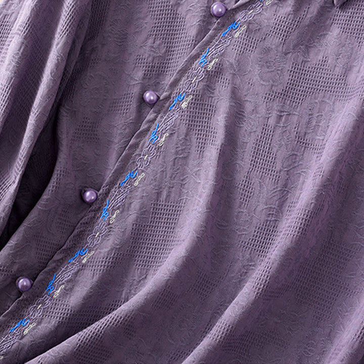 Camicia da donna in cotone a maniche lunghe con ricamo autunnale Buddha Stones, design asimmetrico, bottoni a rana - image 35