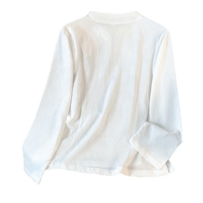 Camicia da donna a maniche lunghe in cotone con colletto alla coreana e bottoni a rana cinese, motivo Buddha Stones Commute Jacquard. - image 19
