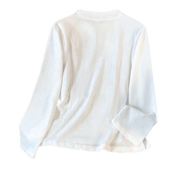 Camicia da donna a maniche lunghe in cotone con colletto alla coreana e bottoni a rana cinese, motivo Buddha Stones Commute Jacquard. - image 19