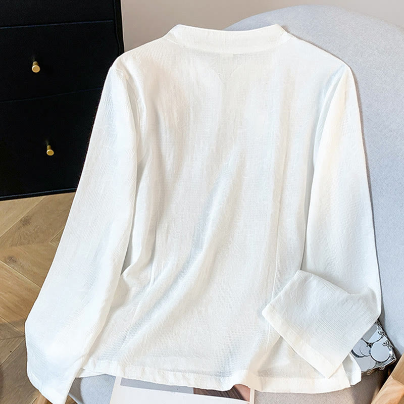 Camicia da donna a maniche lunghe in cotone con colletto alla coreana e bottoni a rana cinese, motivo Buddha Stones Commute Jacquard. - image 11