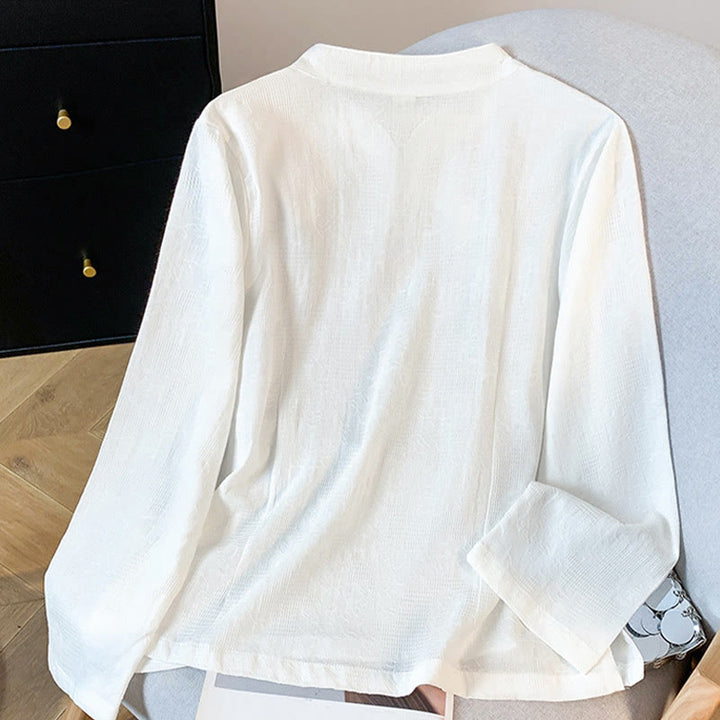 Camicia da donna a maniche lunghe in cotone con colletto alla coreana e bottoni a rana cinese, motivo Buddha Stones Commute Jacquard. - image 11