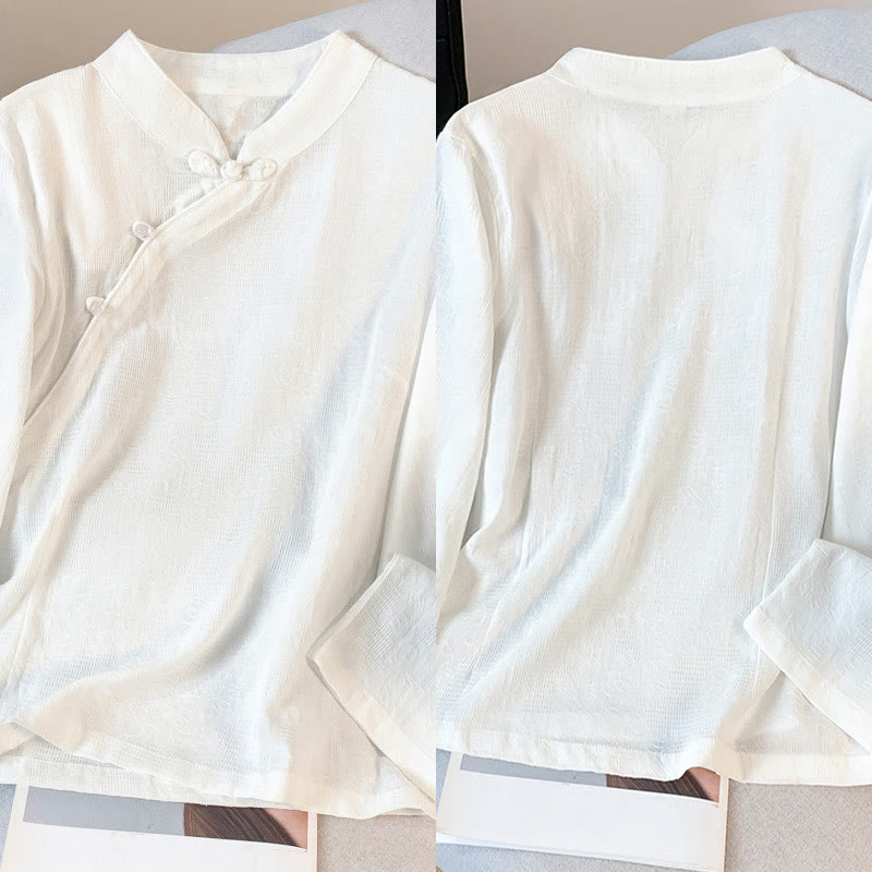 Camicia da donna a maniche lunghe in cotone con colletto alla coreana e bottoni a rana cinese, motivo Buddha Stones Commute Jacquard. - image 18