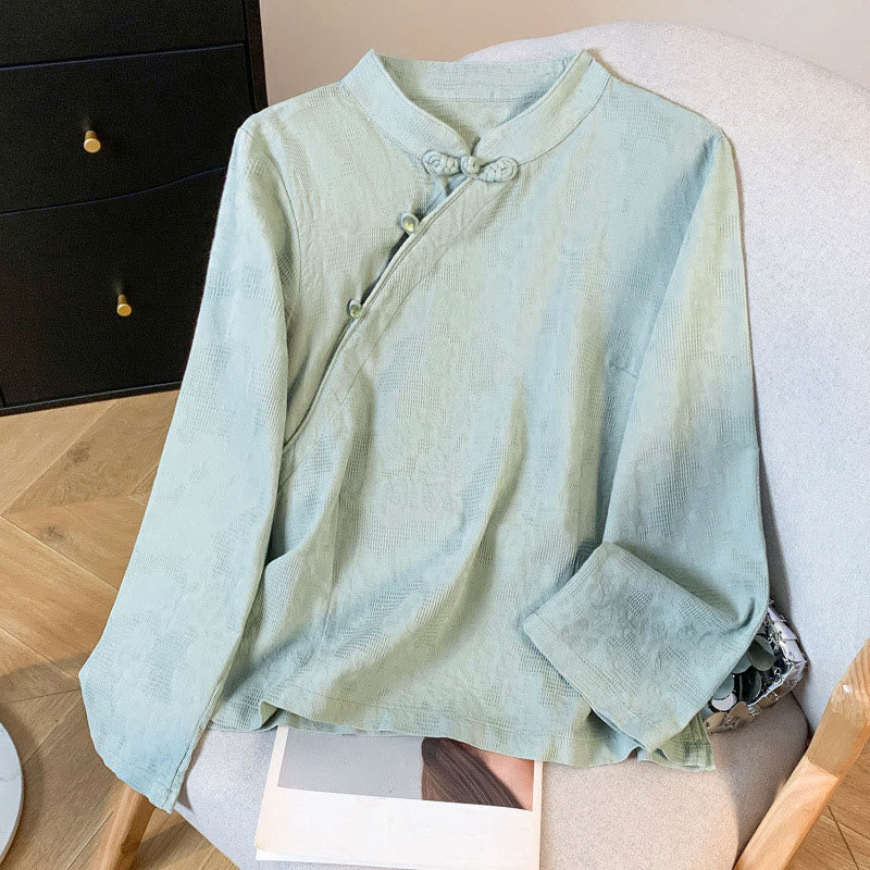 Camicia da donna a maniche lunghe con colletto alla coreana e bottoni a rana cinese, in jacquard con motivo Buddha Stones Commute. - Acquamarina media - US8-10, UK/AU12-14, EU40-42 (2XL) - image 0
