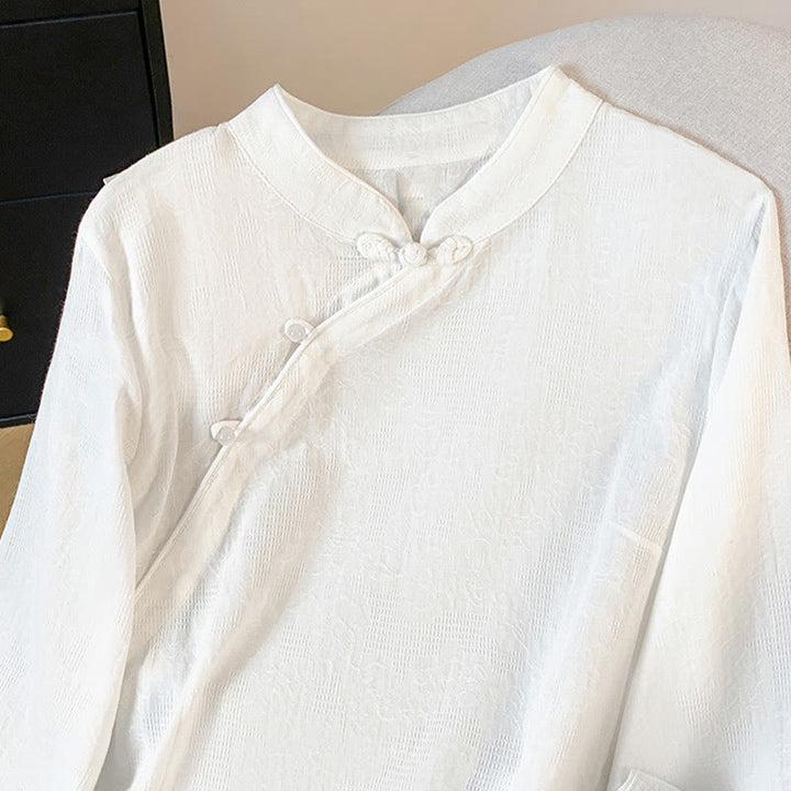 Camicia da donna in cotone a maniche lunghe con colletto alla coreana, bottoni cinesi e motivo a rana in jacquard Buddha Stones Commute - image 13