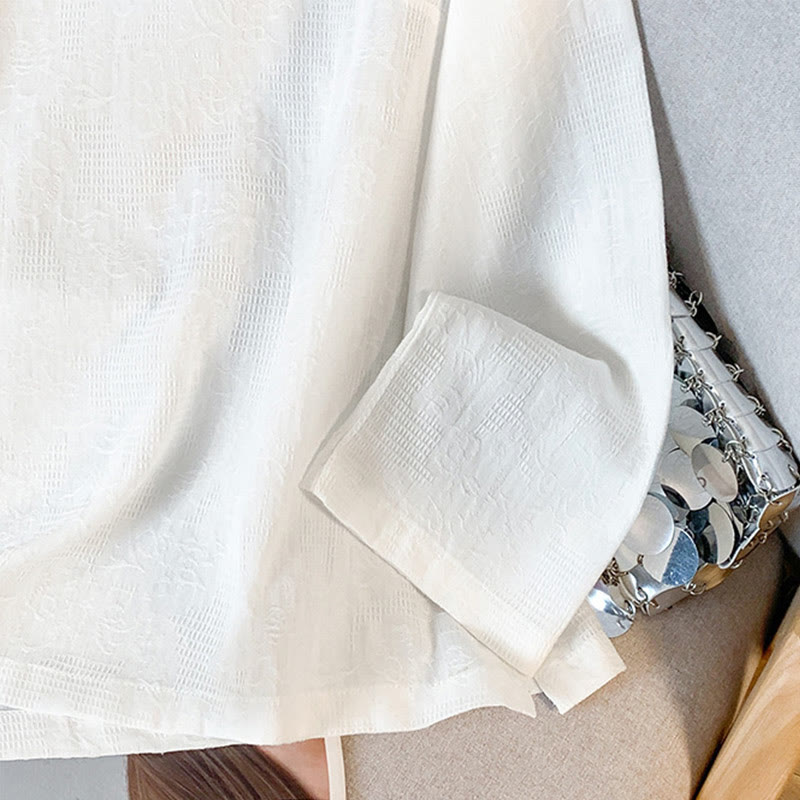 Camicia da donna a maniche lunghe in cotone con colletto alla coreana e bottoni a rana cinese, motivo Buddha Stones Commute Jacquard. - image 17