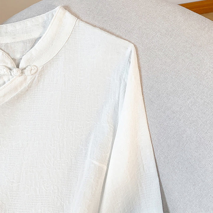 Camicia da donna a maniche lunghe in cotone con colletto alla coreana e bottoni a rana cinese, motivo Buddha Stones Commute Jacquard. - image 15