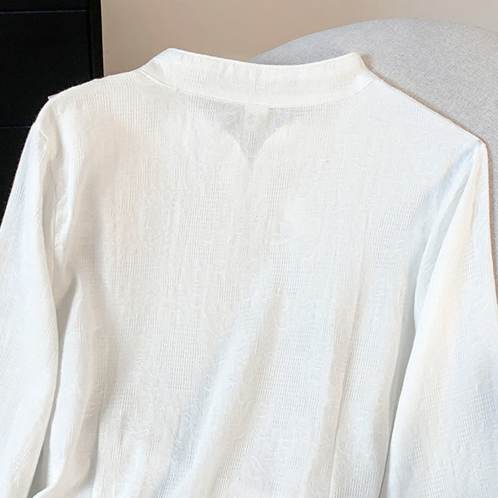 Camicia da donna a maniche lunghe in cotone con colletto alla coreana e bottoni a rana cinese, motivo Buddha Stones Commute Jacquard. - image 14