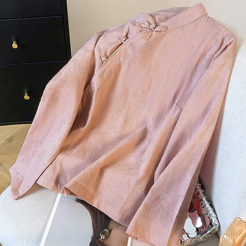 Camicia da donna a maniche lunghe in cotone con colletto alla coreana e bottoni a rana cinese, motivo Buddha Stones Commute Jacquard. - image 22