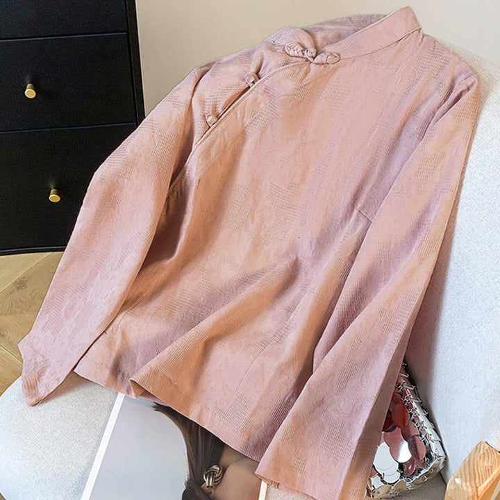 Camicia da donna a maniche lunghe in cotone con colletto alla coreana e bottoni a rana cinese, motivo Buddha Stones Commute Jacquard. - image 22