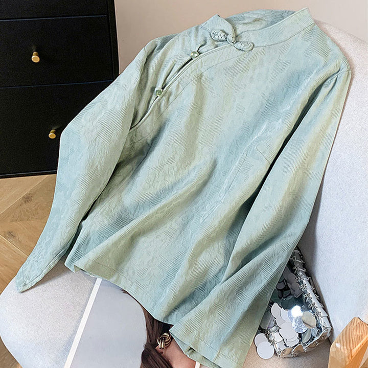Camicia da donna a maniche lunghe in cotone con colletto alla coreana e bottoni a rana cinese, motivo Buddha Stones Commute Jacquard. - image 2