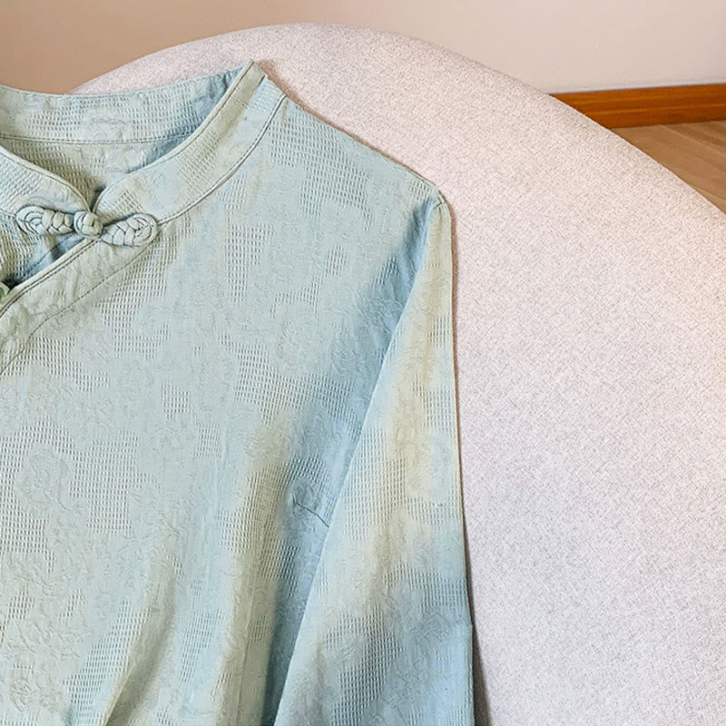 Camicia da donna a maniche lunghe in cotone con colletto alla coreana e bottoni a rana cinese, motivo Buddha Stones Commute Jacquard. - image 6