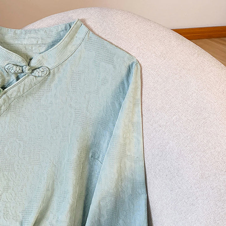 Camicia da donna a maniche lunghe in cotone con colletto alla coreana e bottoni a rana cinese, motivo Buddha Stones Commute Jacquard. - image 6