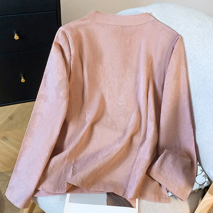 Camicia da donna a maniche lunghe in cotone con colletto alla coreana e bottoni a rana cinese, motivo Buddha Stones Commute Jacquard. - image 21