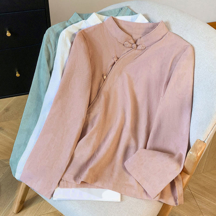 Camicia da donna a maniche lunghe in cotone con colletto alla coreana e bottoni a rana cinese, motivo Buddha Stones Commute Jacquard. - image 29