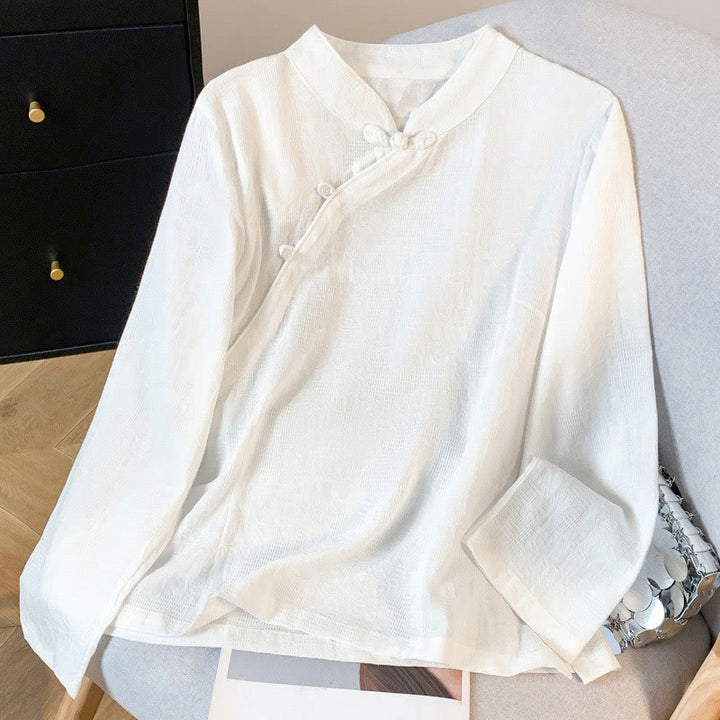 Camicia da donna in cotone a maniche lunghe con colletto alla coreana, bottoni cinesi e motivo a rana in jacquard Buddha Stones Commute - Bianco - US8-10, UK/AU12-14, EU40-42 (2XL) - image 10