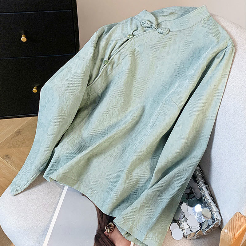 Camicia da donna a maniche lunghe in cotone con colletto alla coreana e bottoni a rana cinese, motivo Buddha Stones Commute Jacquard. - image 2