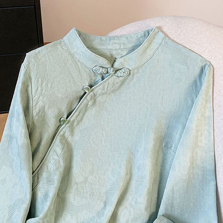 Camicia da donna a maniche lunghe in cotone con colletto alla coreana e bottoni a rana cinese, motivo Buddha Stones Commute Jacquard. - image 3