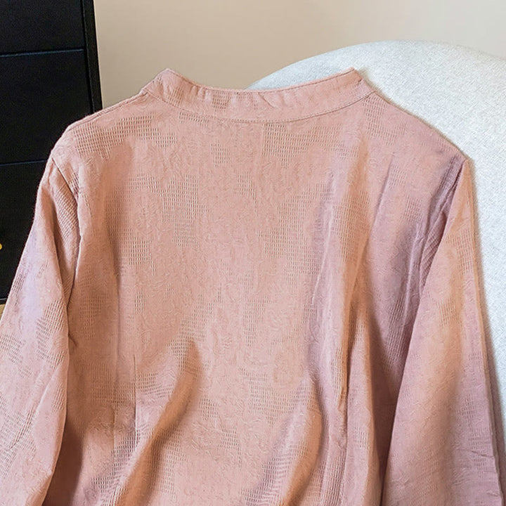 Camicia da donna a maniche lunghe in cotone con colletto alla coreana e bottoni a rana cinese, motivo Buddha Stones Commute Jacquard. - image 24
