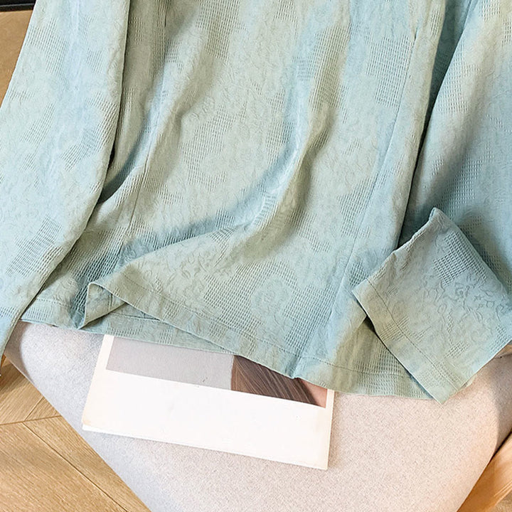 Camicia da donna a maniche lunghe in cotone con colletto alla coreana e bottoni a rana cinese, motivo Buddha Stones Commute Jacquard. - image 9