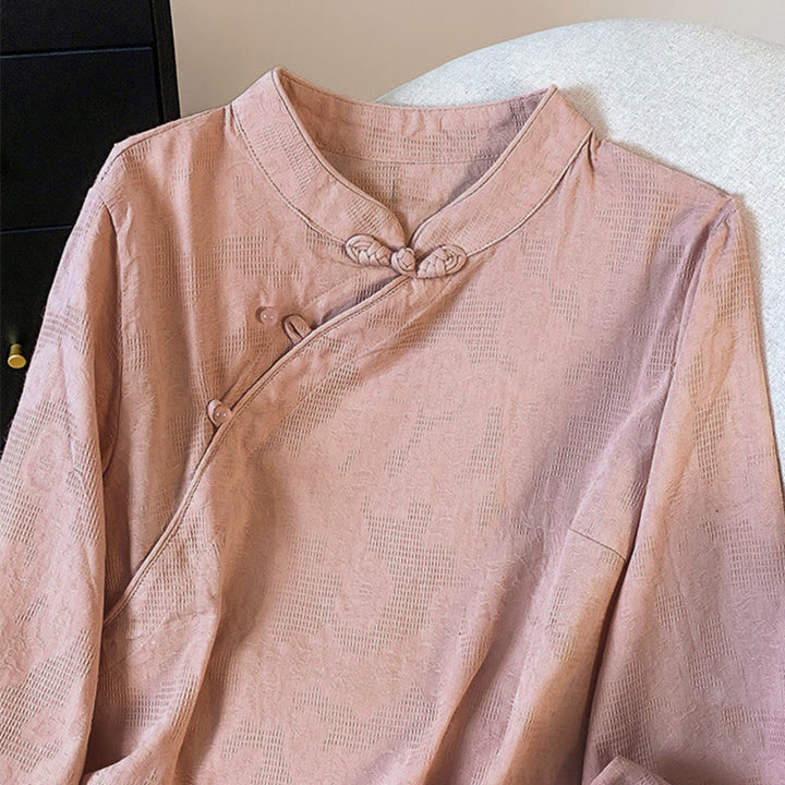 Camicia da donna a maniche lunghe in cotone con colletto alla coreana e bottoni a rana cinese, motivo Buddha Stones Commute Jacquard. - image 23