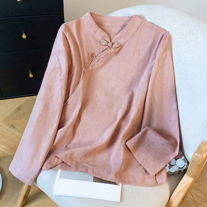 Camicia da donna in cotone a maniche lunghe con colletto alla coreana, bottoni cinesi e motivo a rana in jacquard Buddha Stones Commute - Salmone Scuro - US8-10, UK/AU12-14, EU40-42 (2XL) - image 20