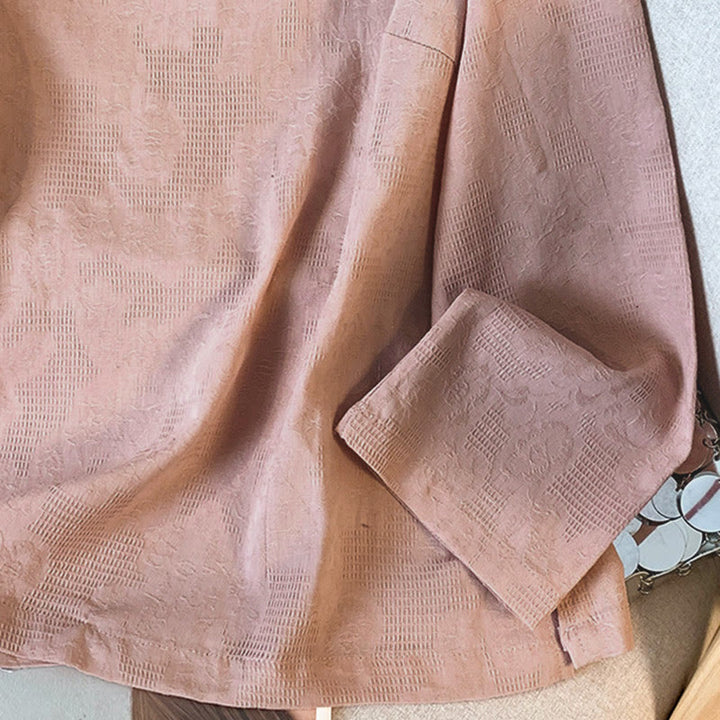 Camicia da donna a maniche lunghe in cotone con colletto alla coreana e bottoni a rana cinese, motivo Buddha Stones Commute Jacquard. - image 26